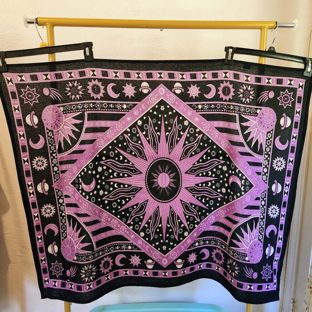 Celestial Sun Moon Star Planet Mandala Tapestry 100% Cotton Black and Purple